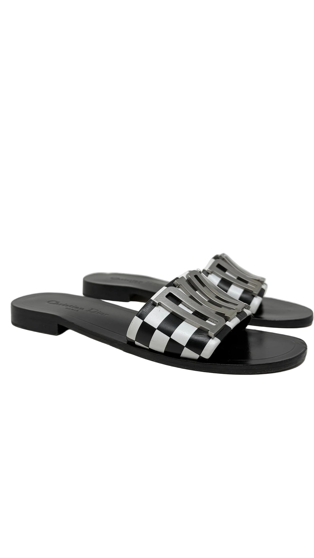 Dior PRE OWNED Slide Sandals Black Silver Logo Checkered