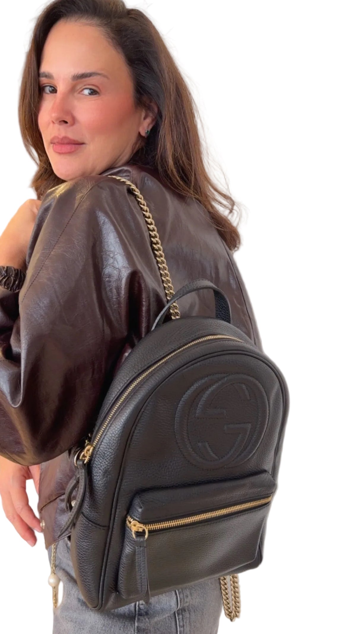 Gucci PRE OWNED Soho Chain Backpack Black Pebbled Leather