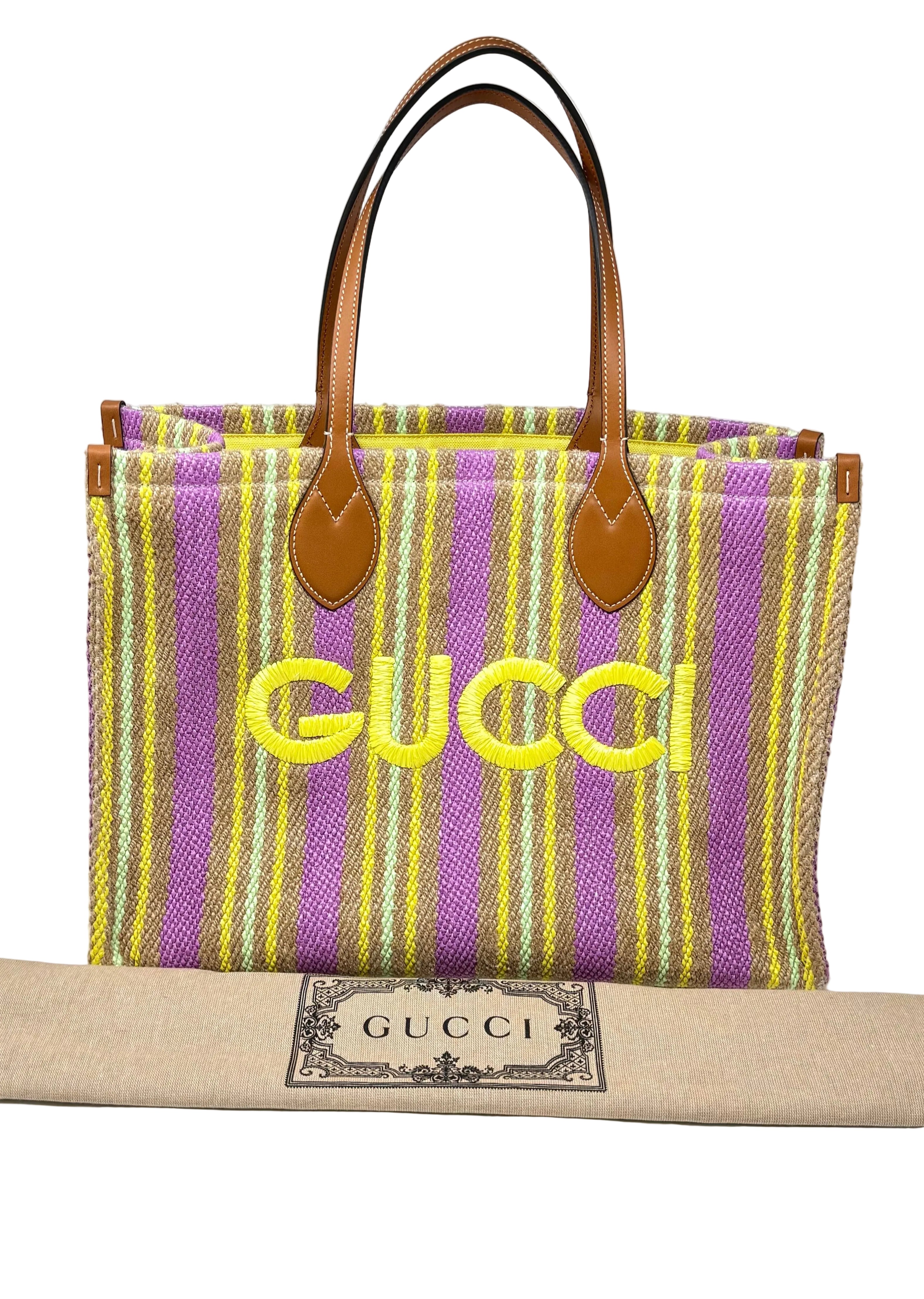 Gucci Jute Tote Multicolored Striped Leather