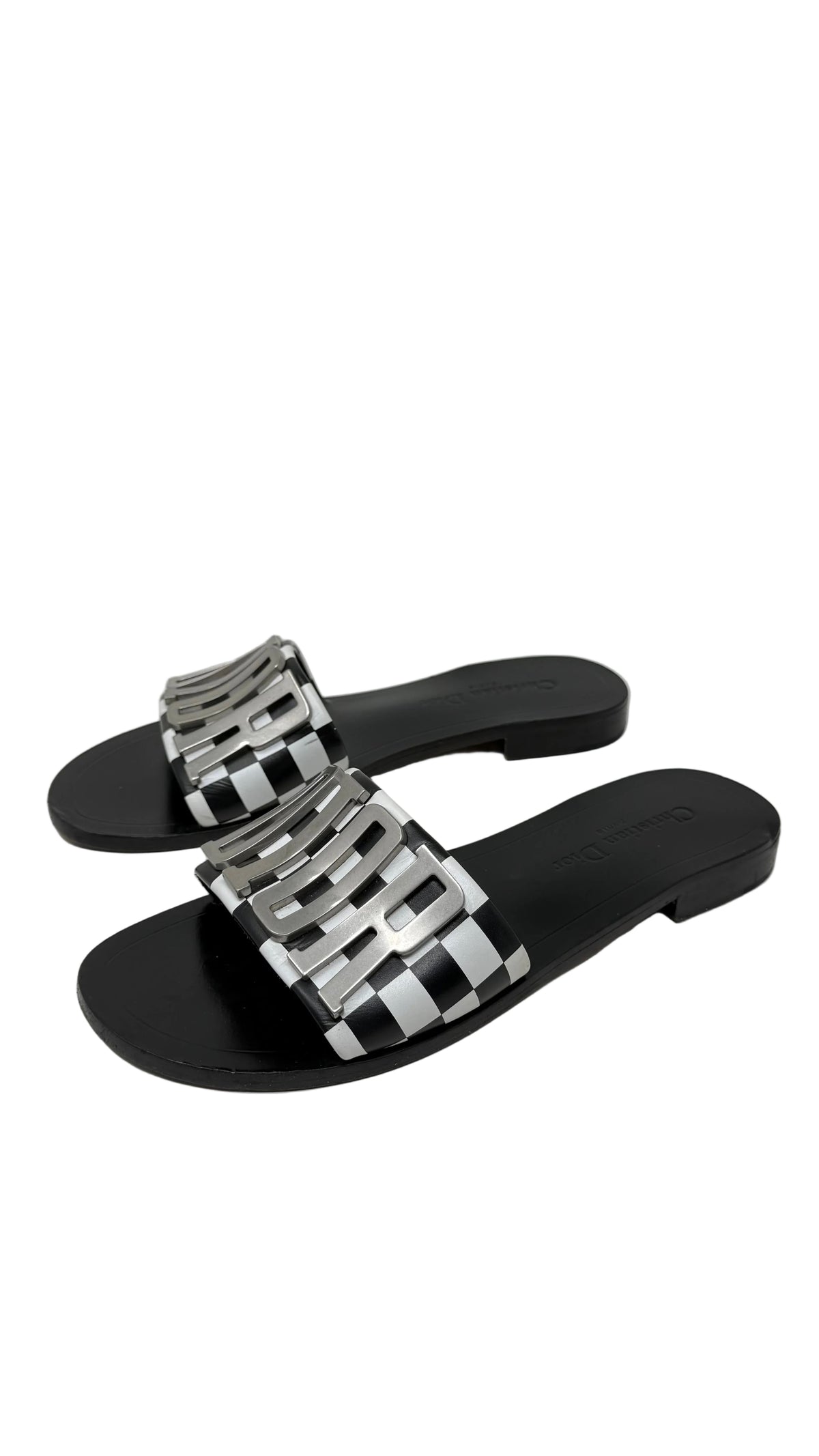Dior PRE OWNED Slide Sandals Black Silver Logo Checkered