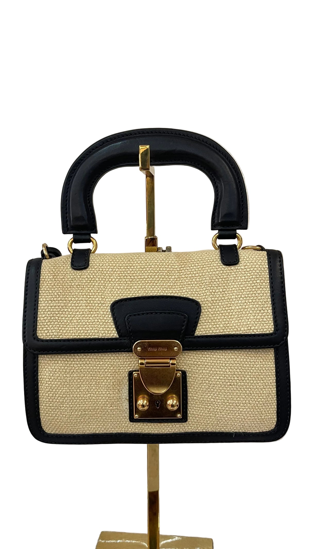 Miu Miu Mini Bandolera Top Handle | Lona Natural & Cuero Negro