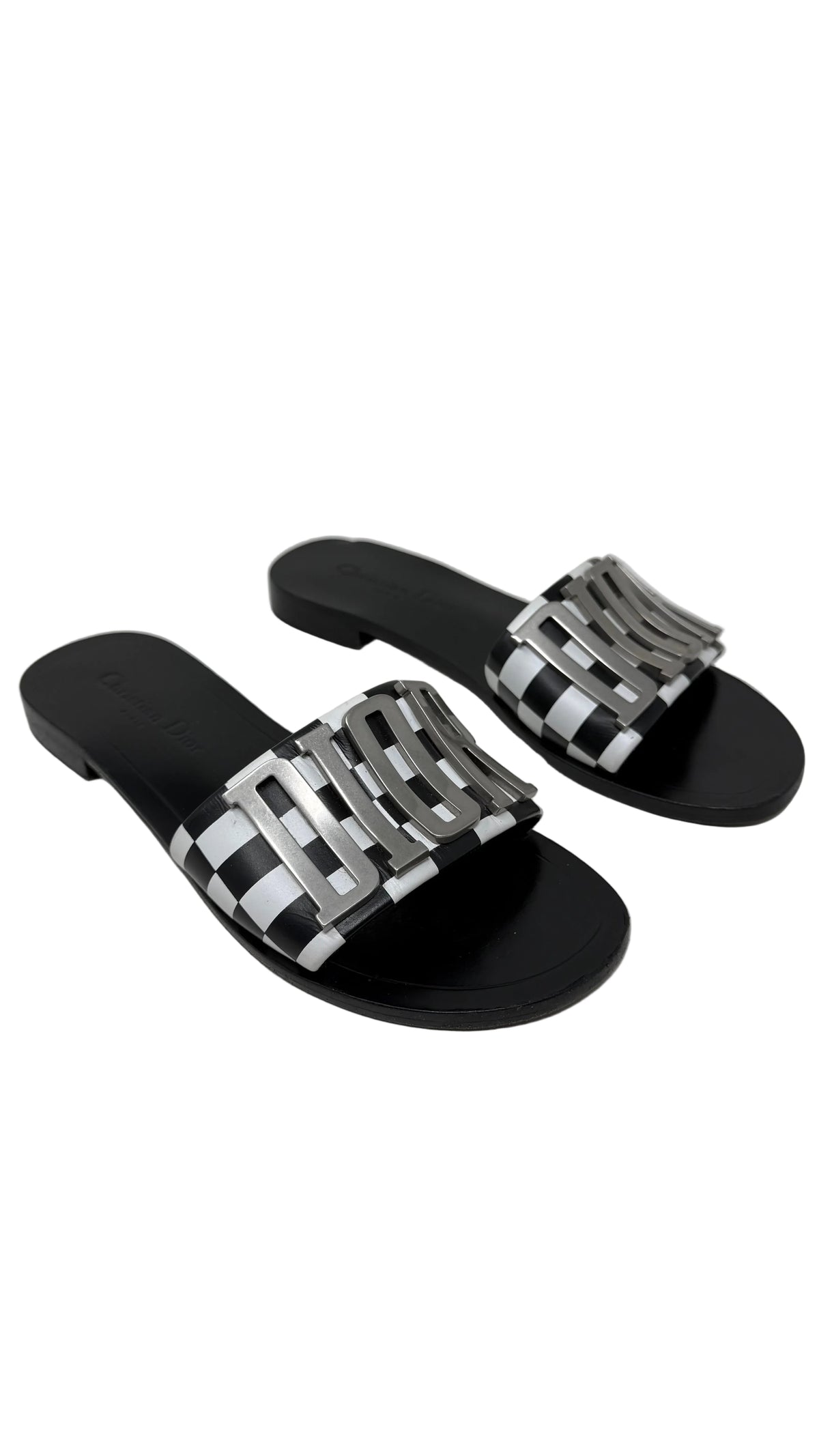 Dior PRE OWNED Slide Sandals Black Silver Logo Checkered