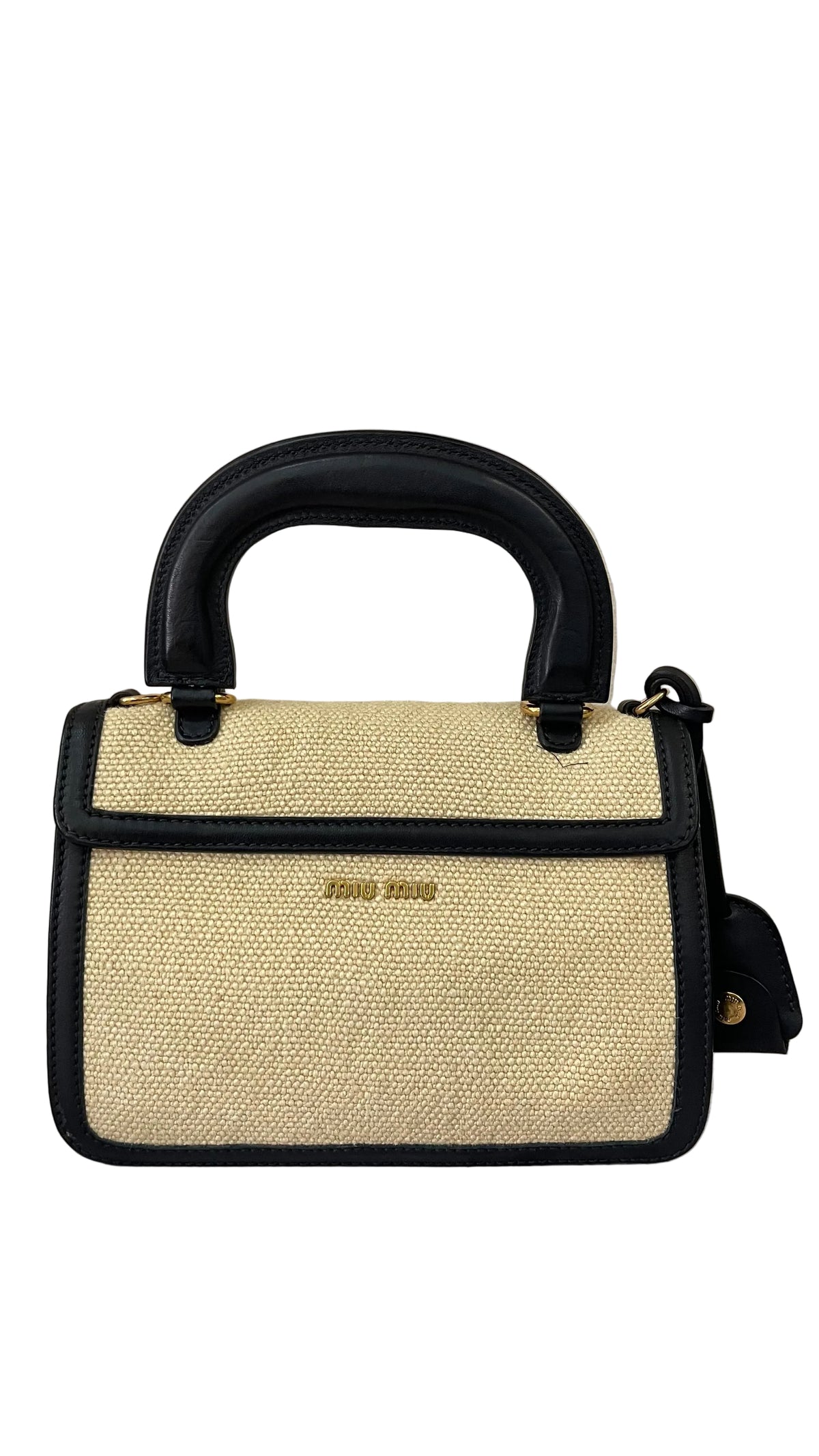 Miu Miu Mini Bandolera Top Handle | Lona Natural & Cuero Negro