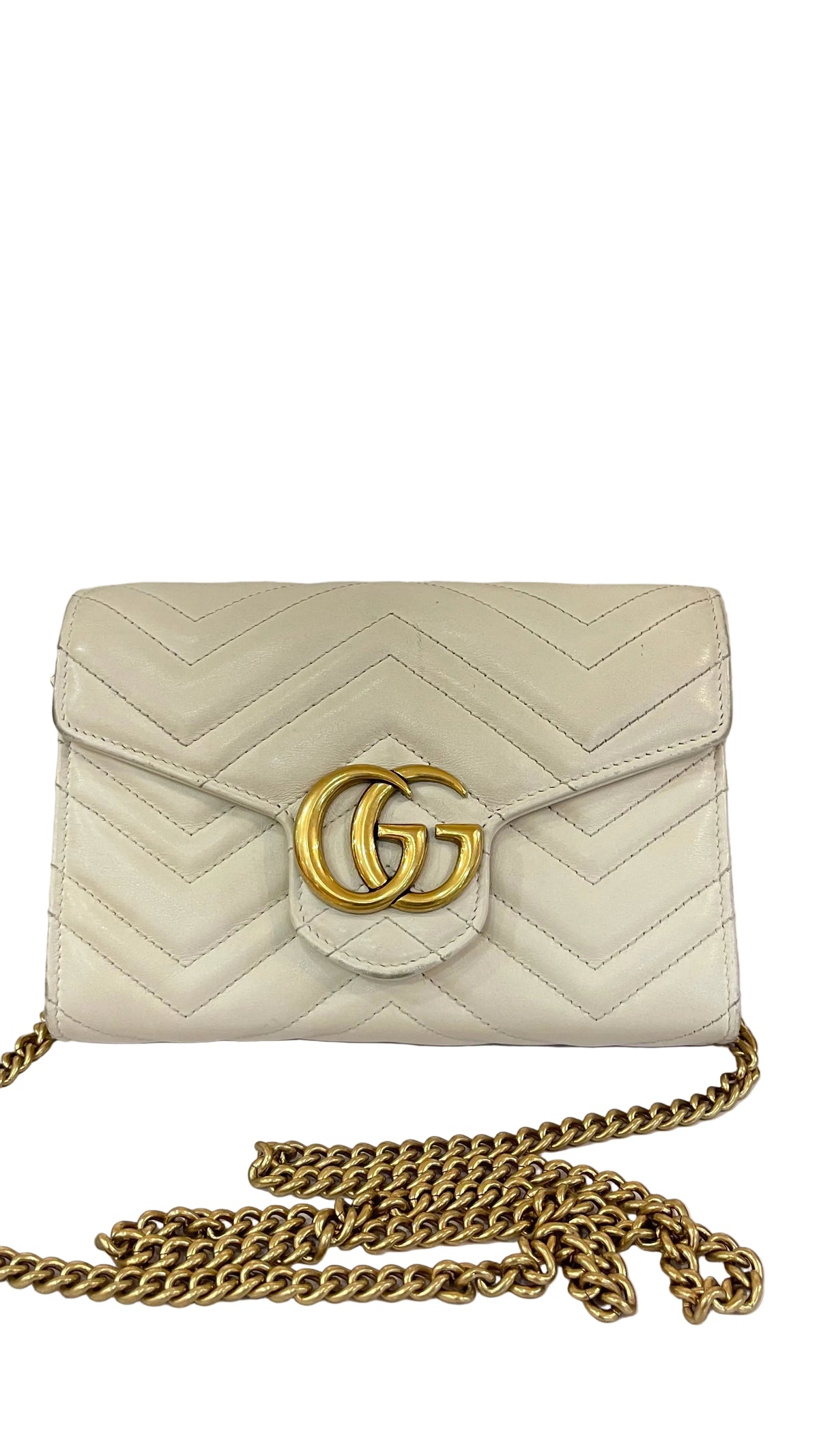 Gucci PRE OWNED Calfking Matelasse GG Marmont Chain Wallet Mystic White