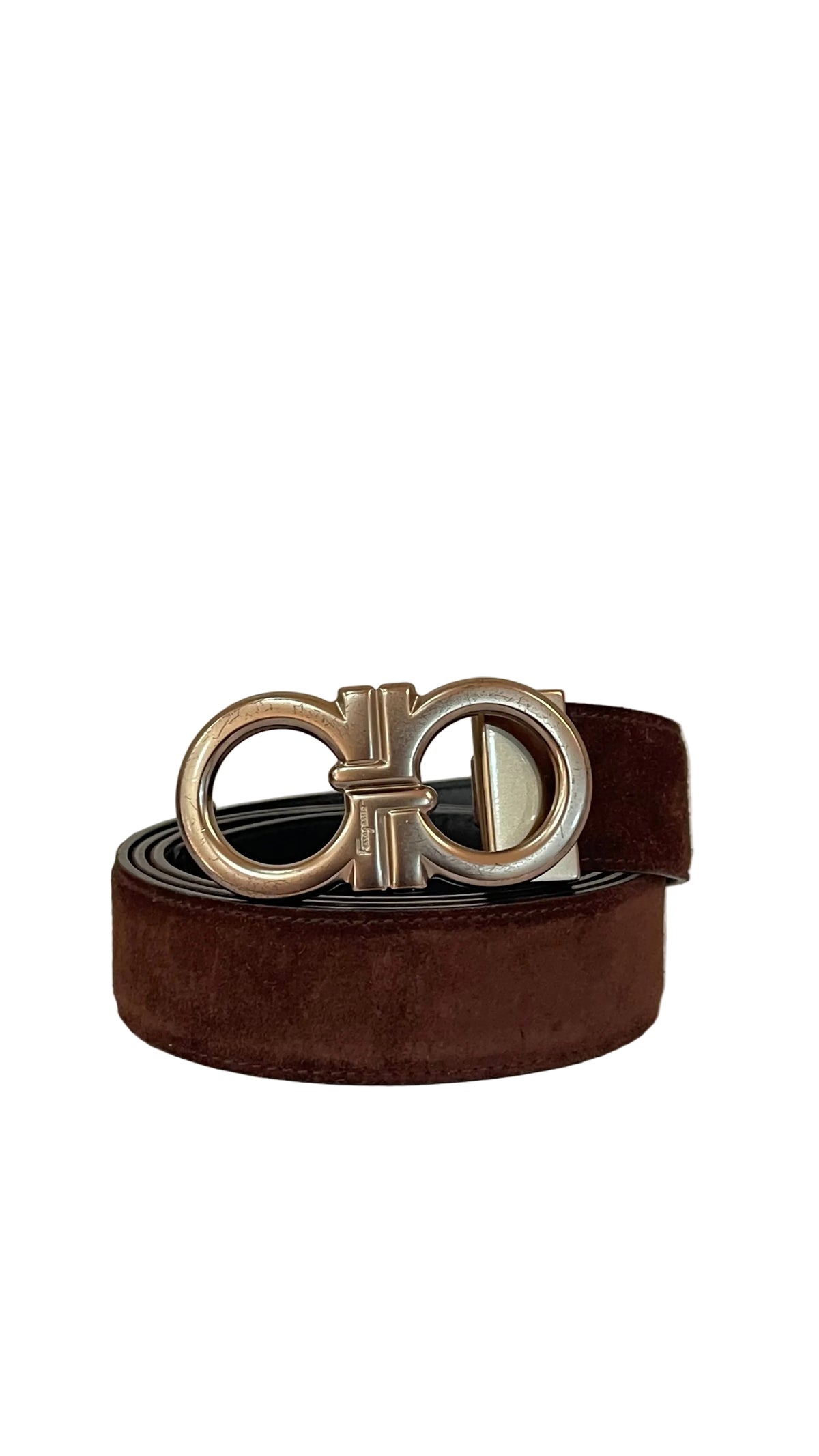 Salvatore Ferragamo Double Gancini Reversible Belt — Suede Brown / Black