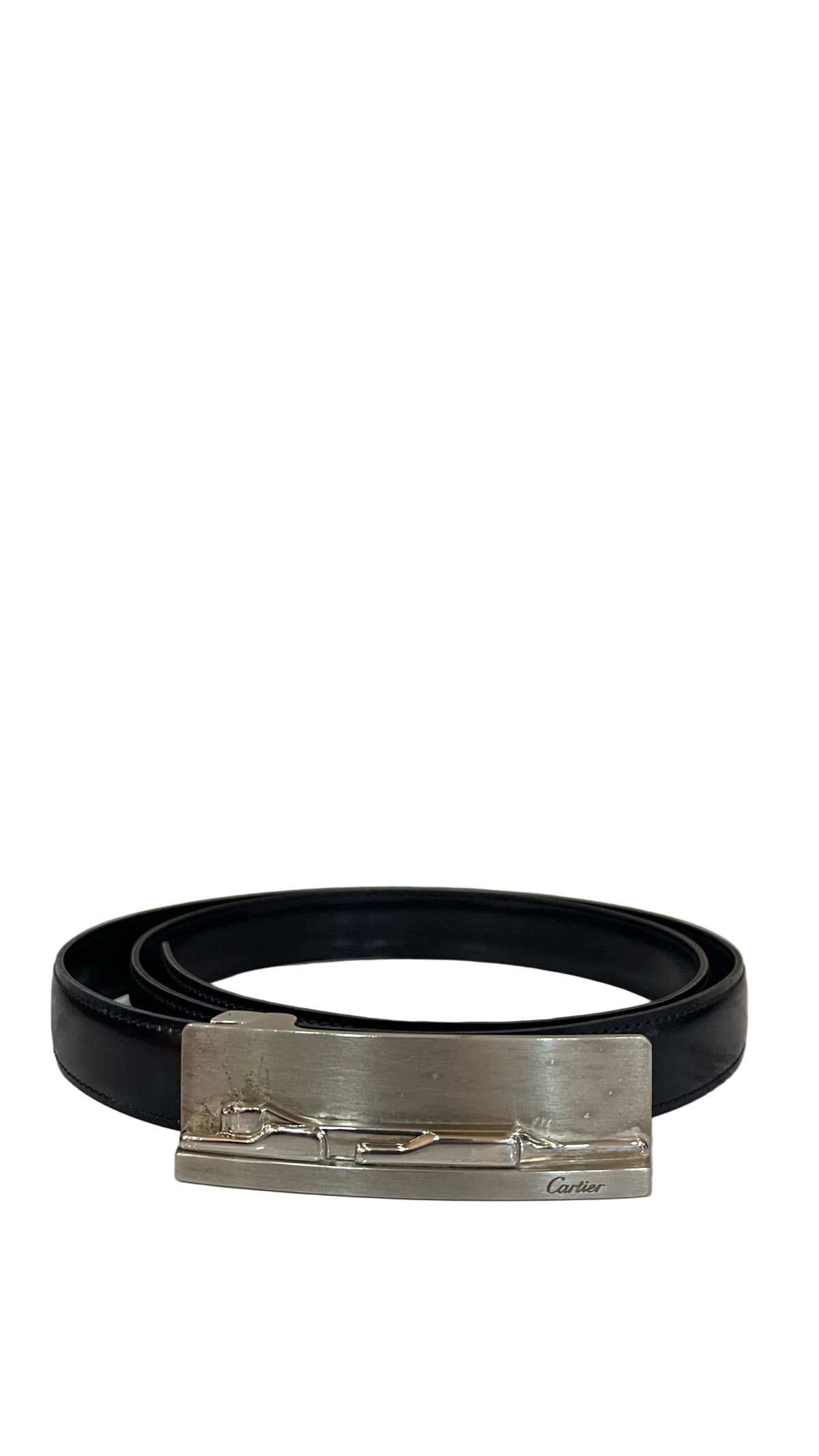 Panthere de Cartier Belt PRE OWNED Black Leather Silver Buckle Size