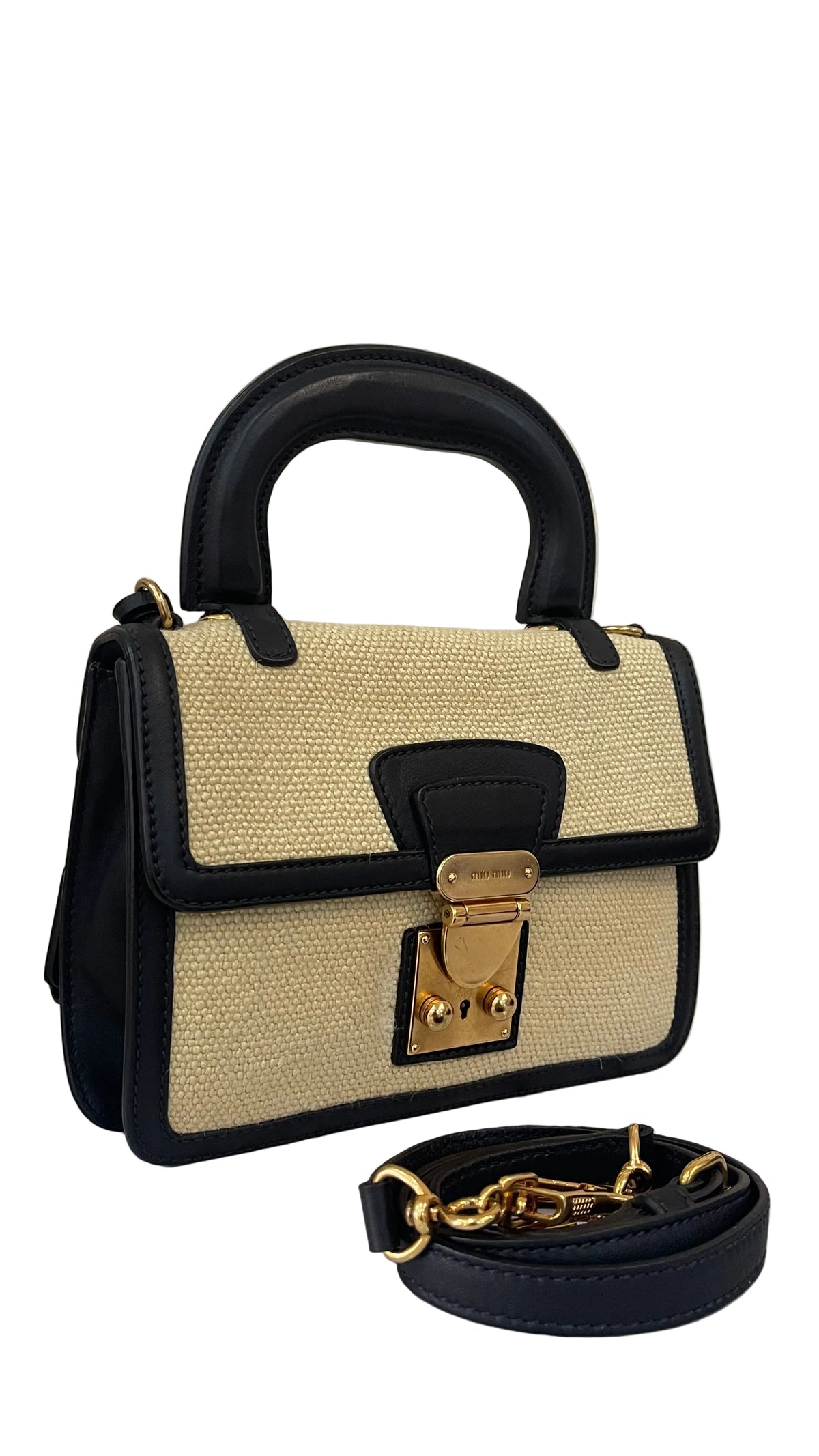 Miu Miu Mini Bandolera Top Handle | Lona Natural & Cuero Negro