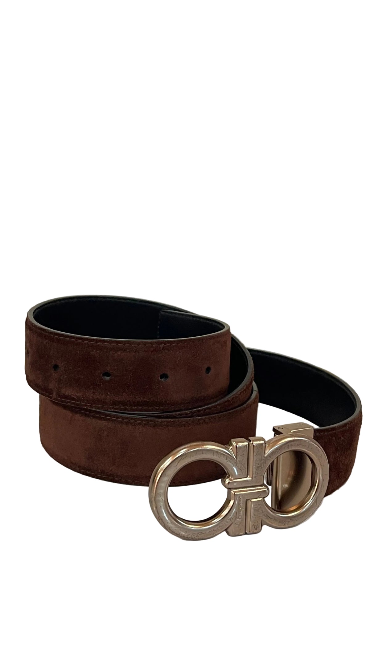Salvatore Ferragamo Double Gancini Reversible Belt — Suede Brown / Black