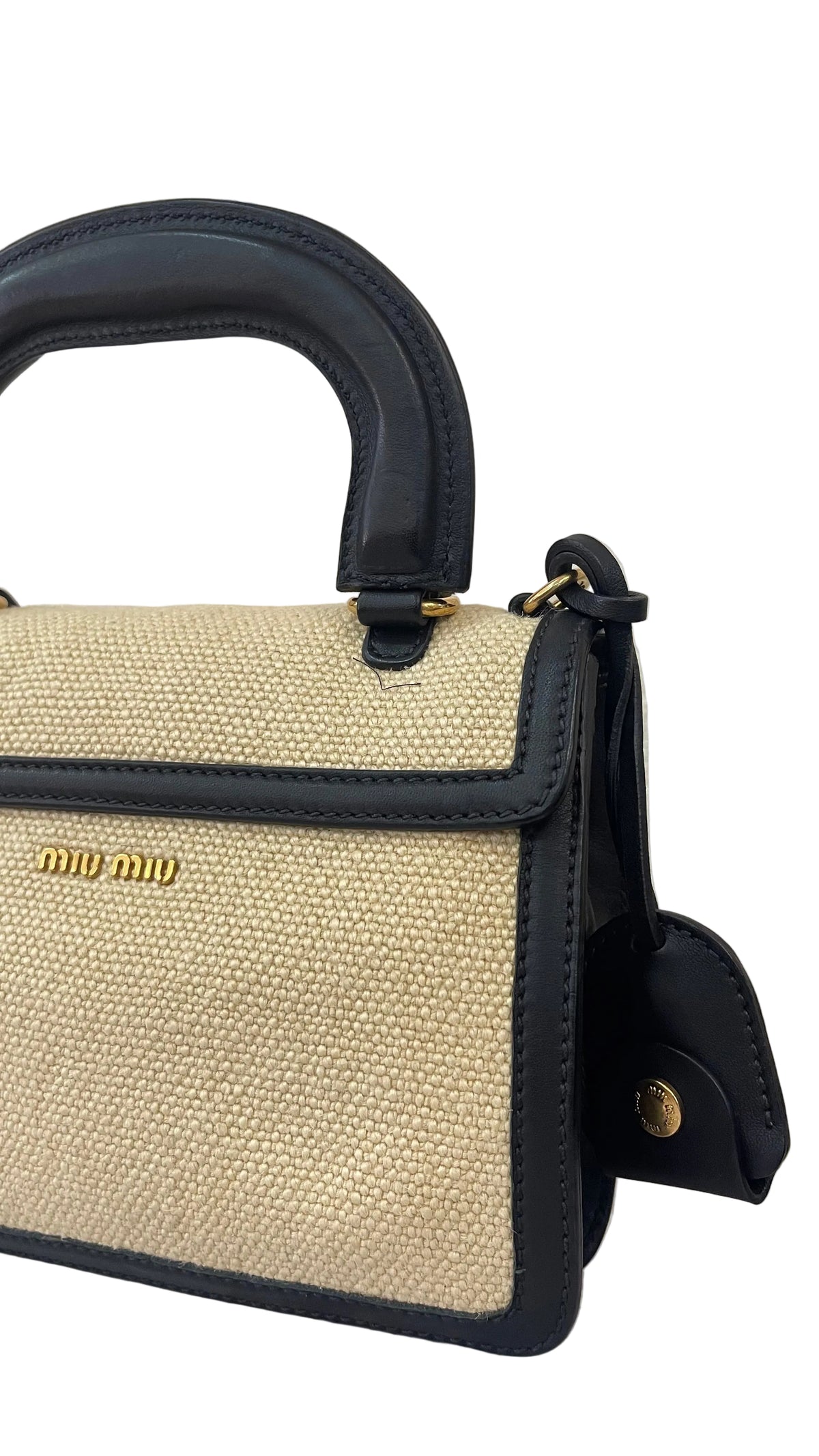 Miu Miu Mini Bandolera Top Handle | Lona Natural & Cuero Negro