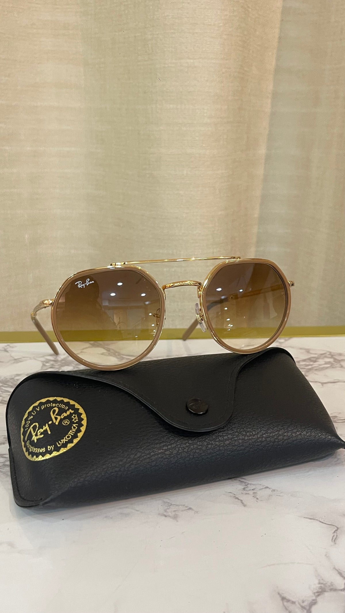 Ray-Ban Round Double Bridge Sunglasses PRE OWNED Gold Gradient