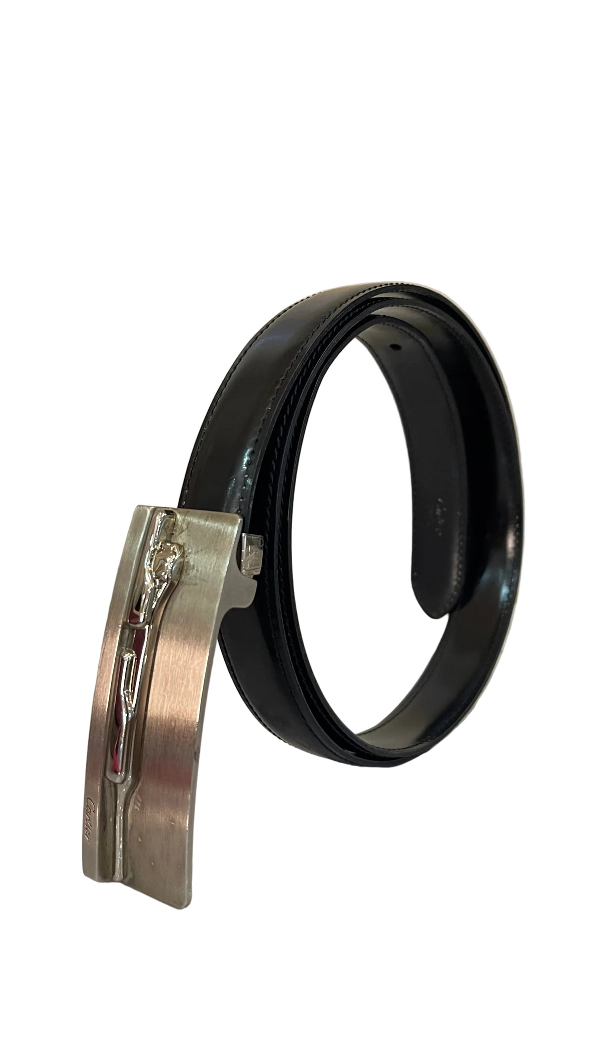 Panthere de Cartier Belt PRE OWNED Black Leather Silver Buckle Size