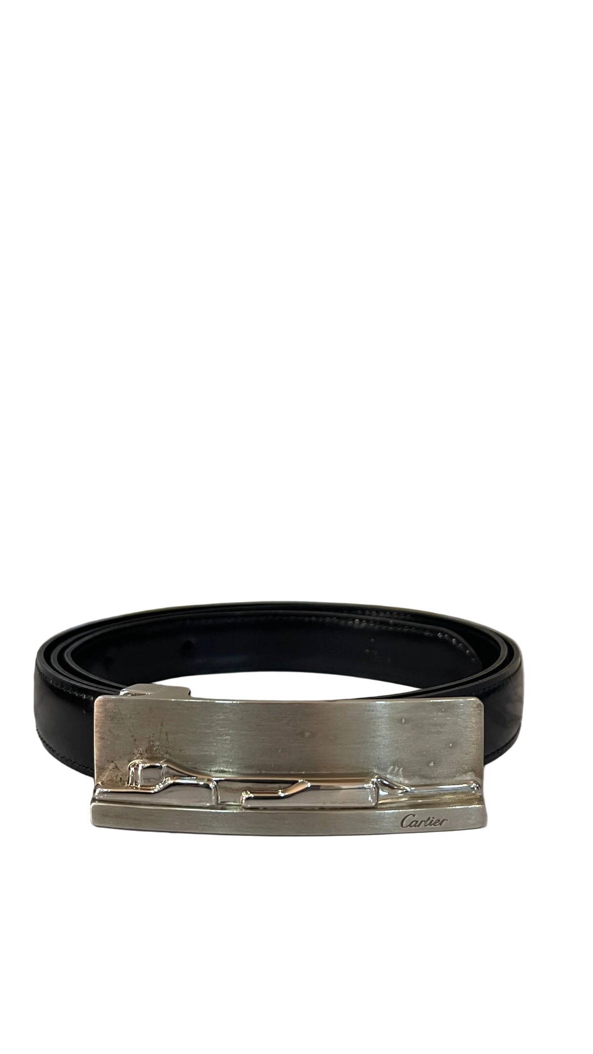 Panthere de Cartier Belt PRE OWNED Black Leather Silver Buckle Size