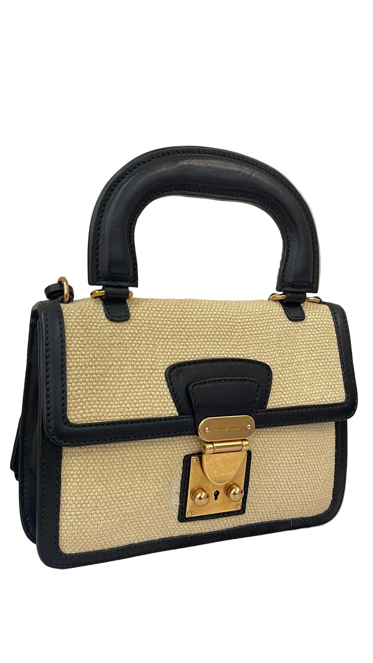 Miu Miu Mini Bandolera Top Handle | Lona Natural & Cuero Negro