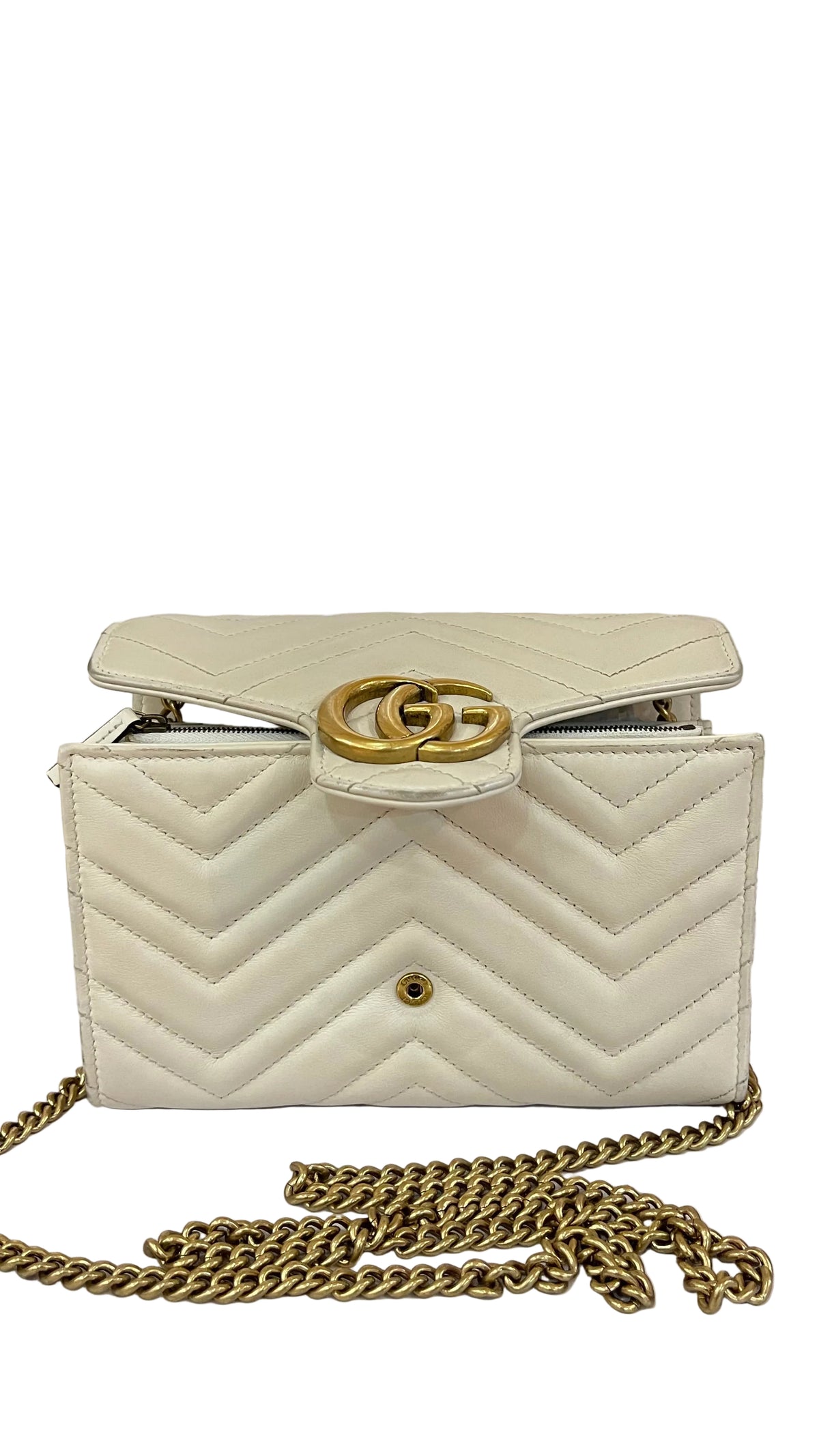 Gucci PRE OWNED  Calfking Matelasse GG Marmont Chain Wallet Mystic White